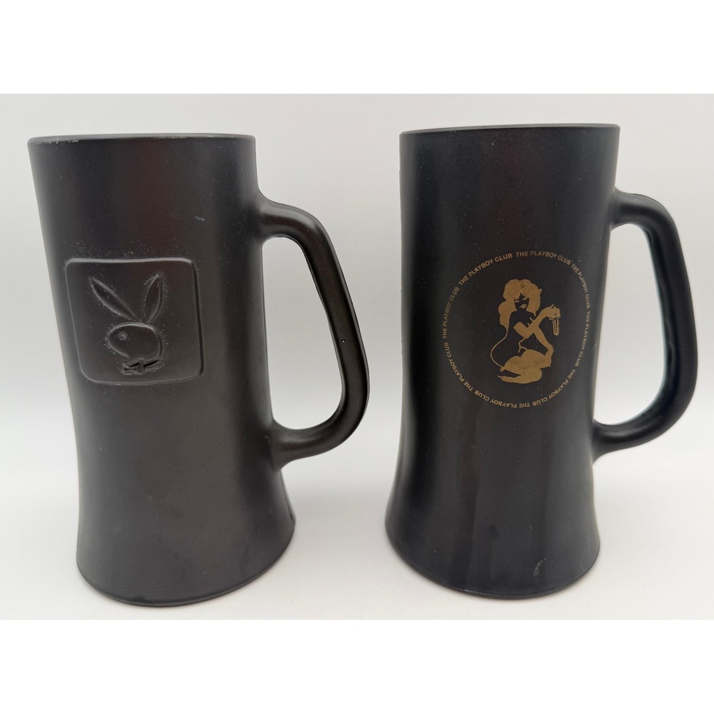 Vintage Playboy Club Matte Black Glass Beer Mugs Set of 2 Bunny Logo & Graphic